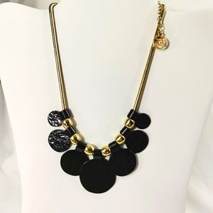 Erica Lyons Statement Collar Necklace Snake Chain Textured Disc Black/Gold 19"